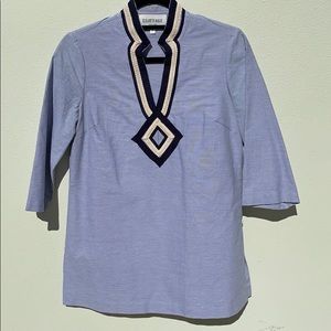 Elizabeth McKay Blue Navy Cream Seersucker Cotton Tunic Top;  size 4  Good Cond.
